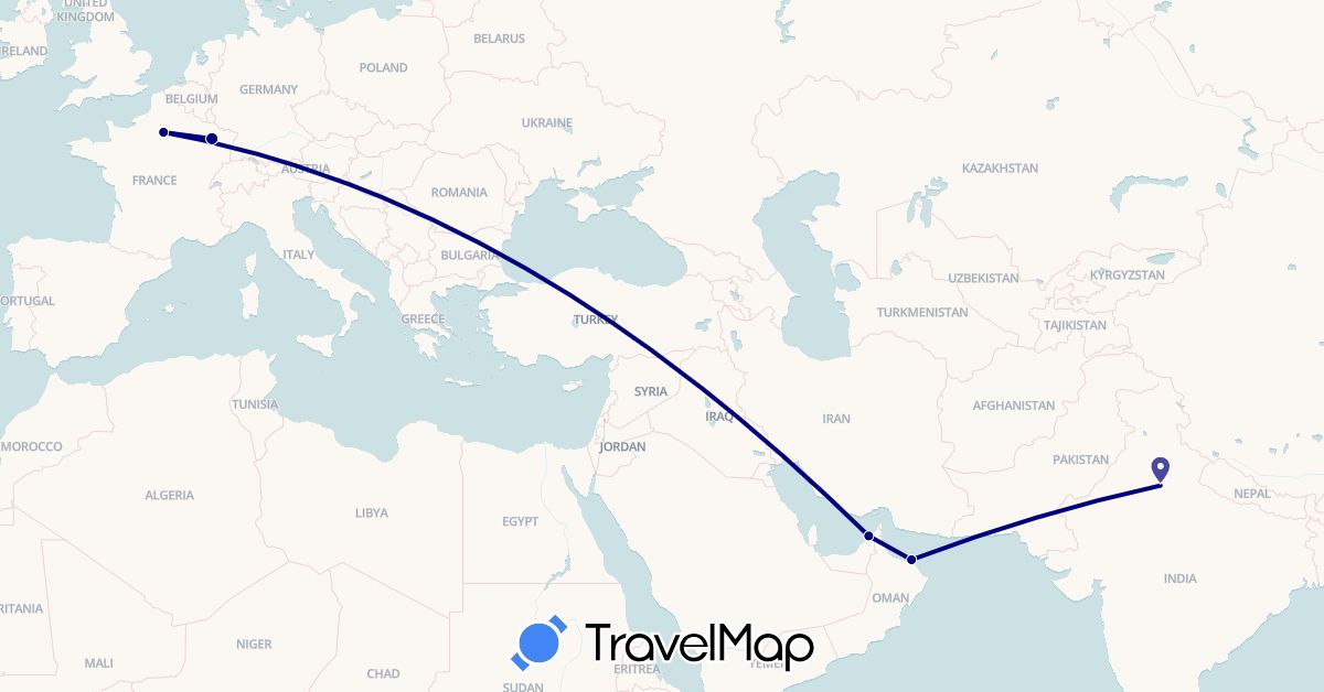 TravelMap itinerary: driving in United Arab Emirates, France, India, Oman (Asia, Europe)
